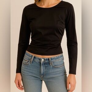 Zara Sleek Black Minimalist‎ Long Sleeve Top Structured Y2K Parisian Chic Sz M